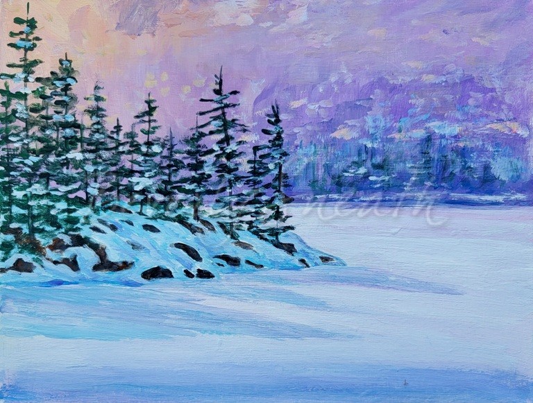 Sunlight glows from behind an island of rocks and trees on a frozen snow covered lake - pink, lavender and blue colours