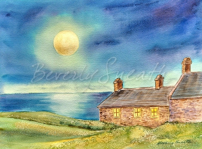 Full Moon, jight sky over water , cottage by the sea
