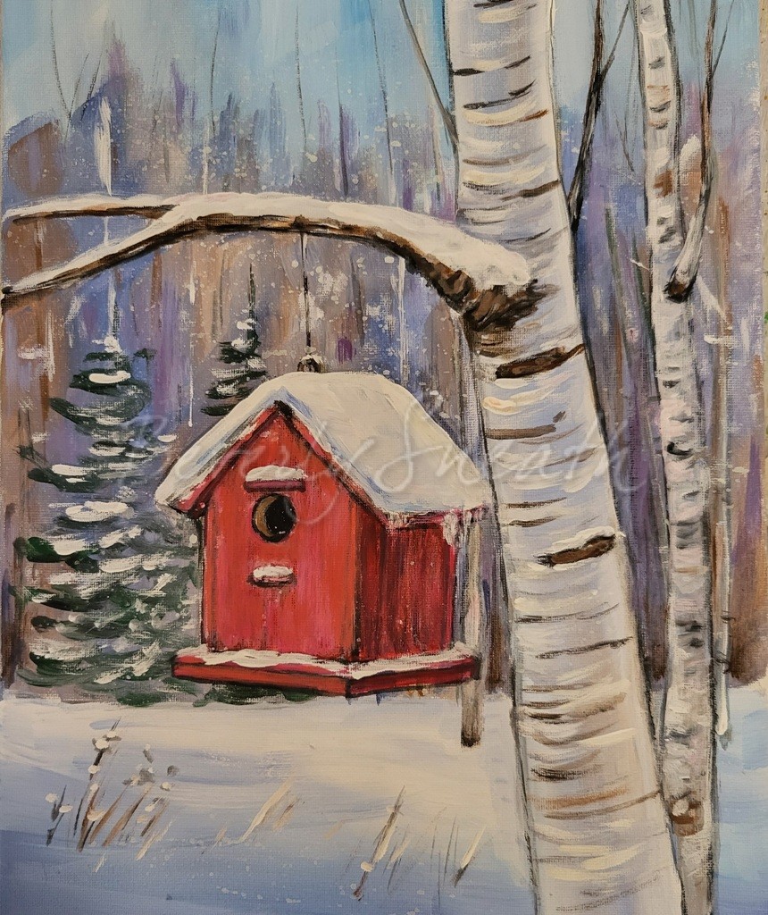 Red Birdhouse, winter, birch trees