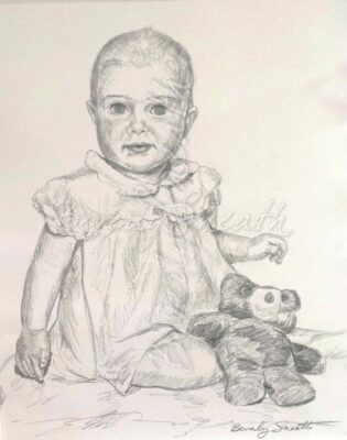 pencil drawing fo a baby in a dress with teddy bear