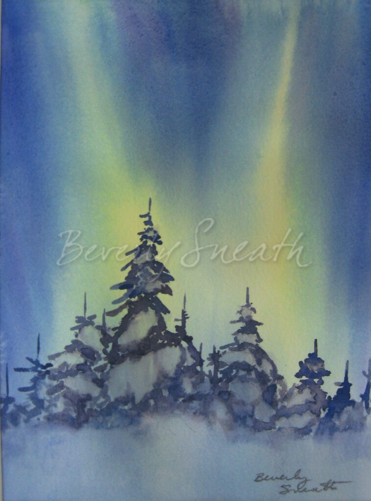 Northern Lights, snow, evergreen trees