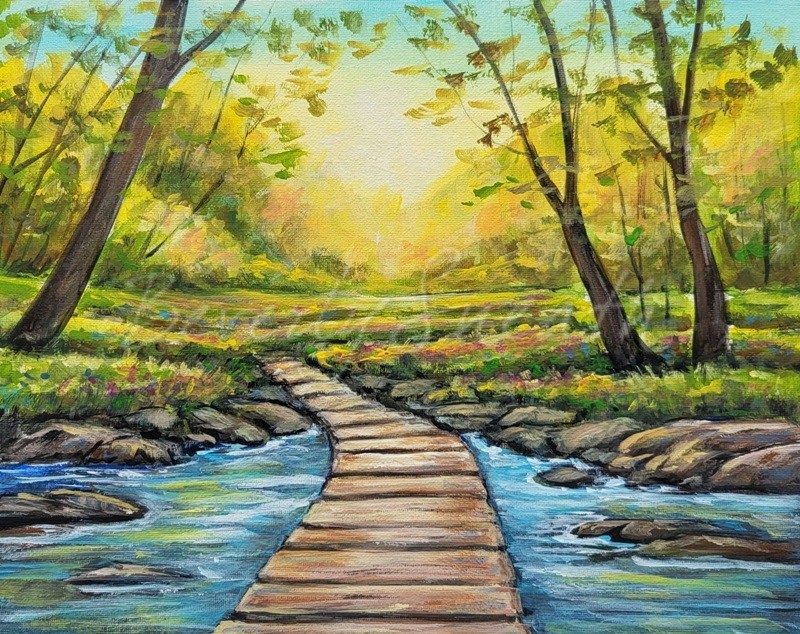 Spring Crossing Paint Night A foot bridge crosses over a rocky stream between trees towards a meadow with bright sunlight