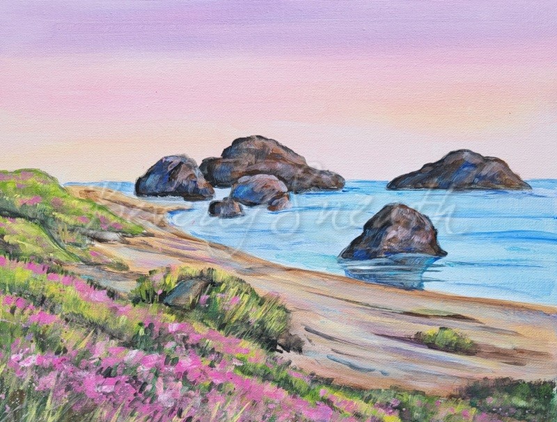 Rocky Beach with windblown grass and flowers, large rocks in water